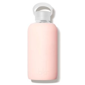 BKR 16oz glass water bottle with blush pink sleeve